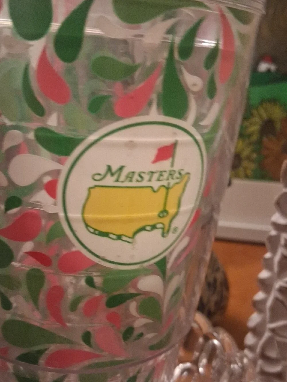 Masters tervis Tumbler with Red Lid and Pink & Green Swirl Design
